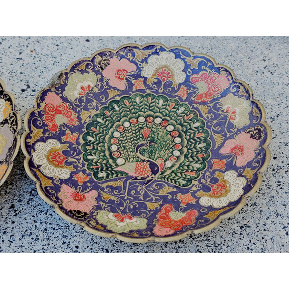 Set of 2 VTG Solid Brass Enameled Decorative Peacock Dish Trinket Bowl 7.5" - Picture 4 of 5